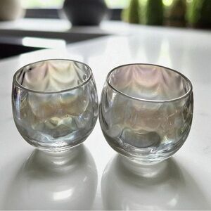 West Virginia Glass, 2 small Roly Poly style glasses, iridescent, optic loop